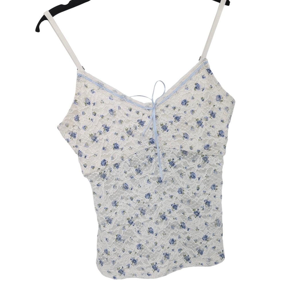 Hollister Camisole Sheer Top Lace Floral‎ Women M White Blue Bow Coquette Y2K